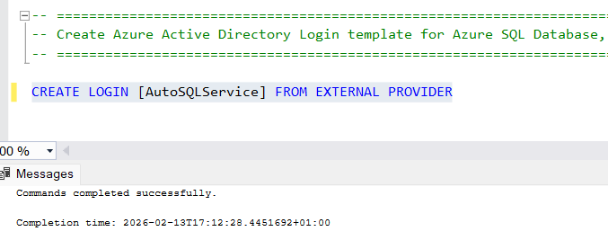 Create a login for the service principal into the SQL server