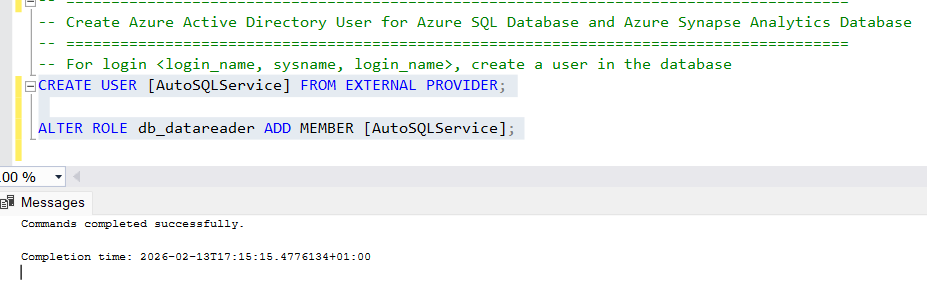 Create a user for the service principal into the specific database